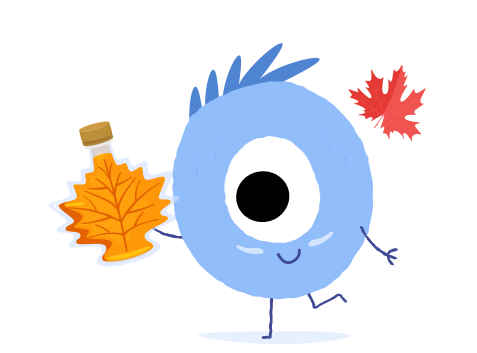 Mascotte Lilo, personnage bleu avec un seul oeil, qui tient du sirop d'érable dans sa main