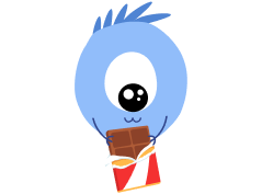 Mascotte Lilo, personnage bleu avec un seul oeil, qui tient du chocolat dans sa main