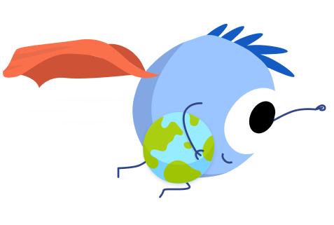 Mascotte Lilo, personnage bleu avec un seul oeil, qui vole dans les airs avec une posture de super-héros, portant une cape rouge, et un globe miniature sous son bras
