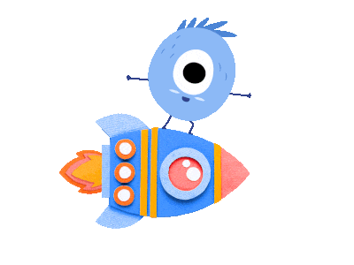 Lilo, la mascotte de Lalilo, un personnage rond et bleu avec un seul oeil, surf sur une fusée